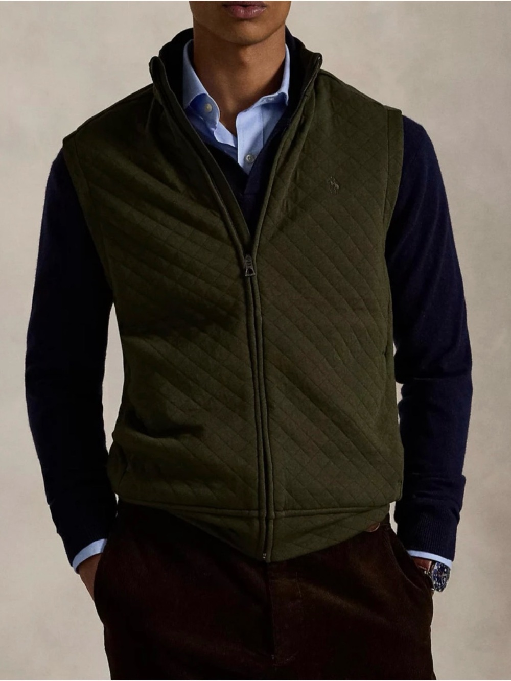 Polo Ralph Lauren Quilted Vest MenOlive Green Double-Knit Full Zip New